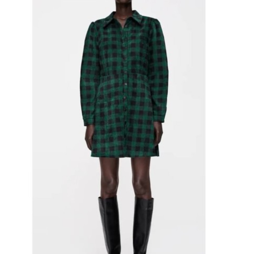 Zara Corduroy Plaid Puff Sleeve Button Up Dress Mini Dress Holiday Skater